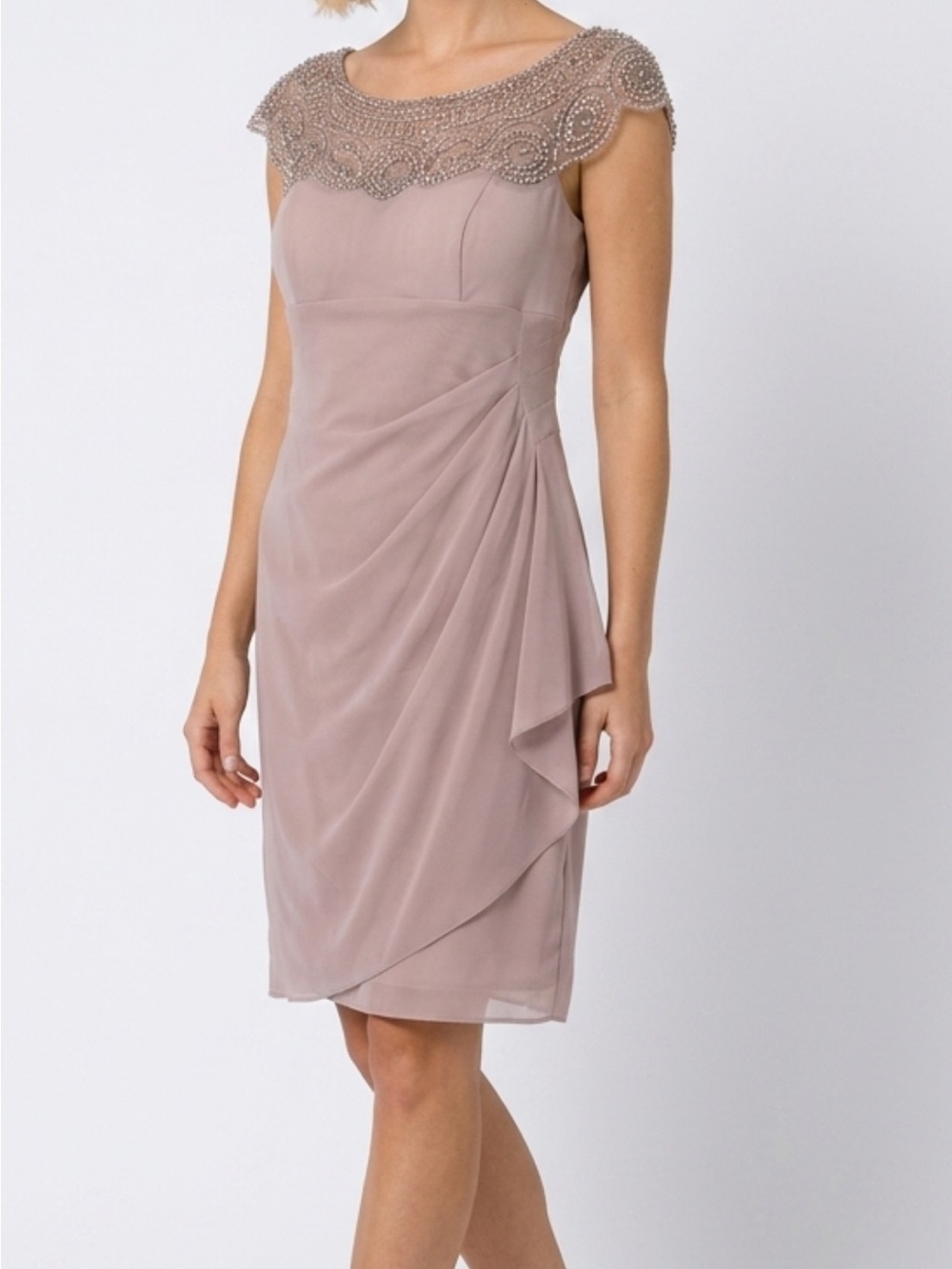 Xscape Beaded Scoop-Neck Midi Dress in Taupe